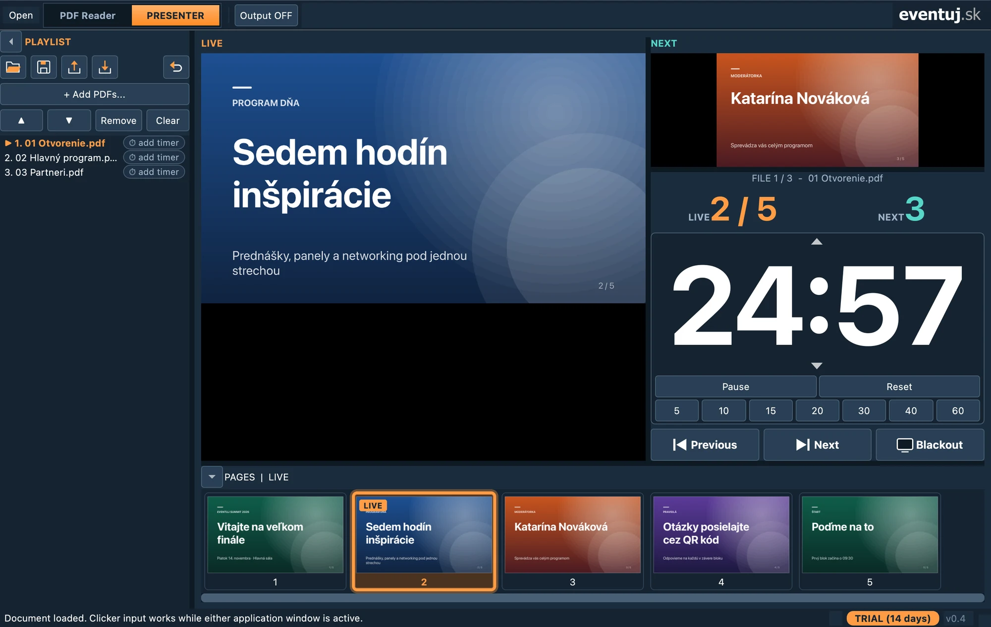Playlist s tromi prezentáciami vľavo od náhľadov