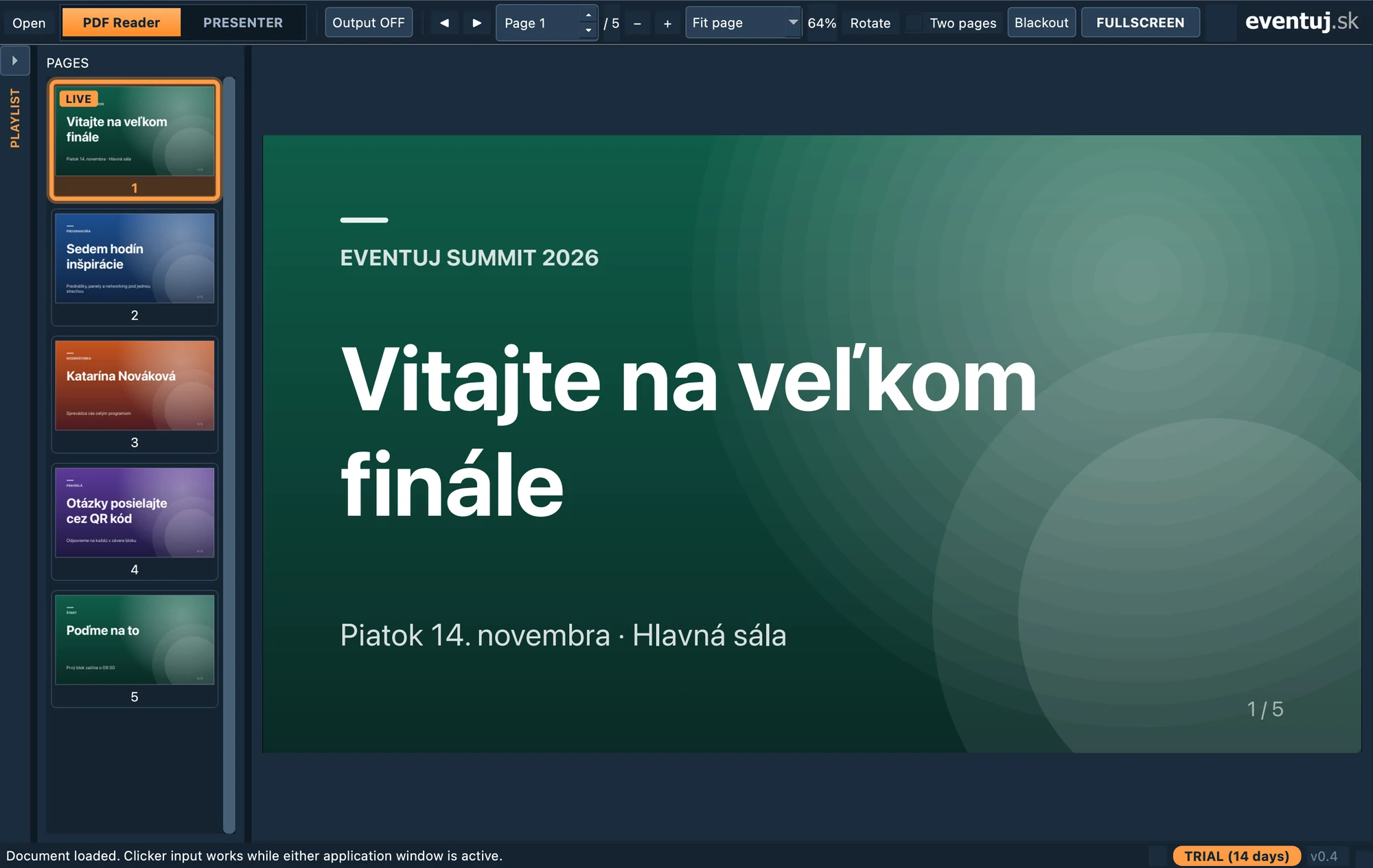 Režim PDF Reader s miniatúrami strán